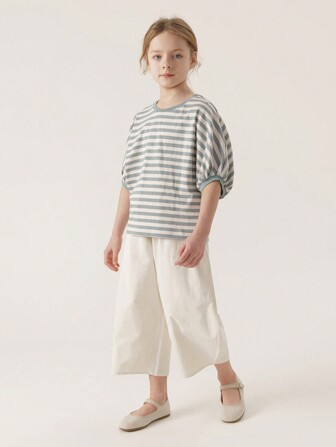 MARC&JANIE Ung flicka Snygg retrorandig lanternärm med rund hals, kortärmad T-shirt för sommaren