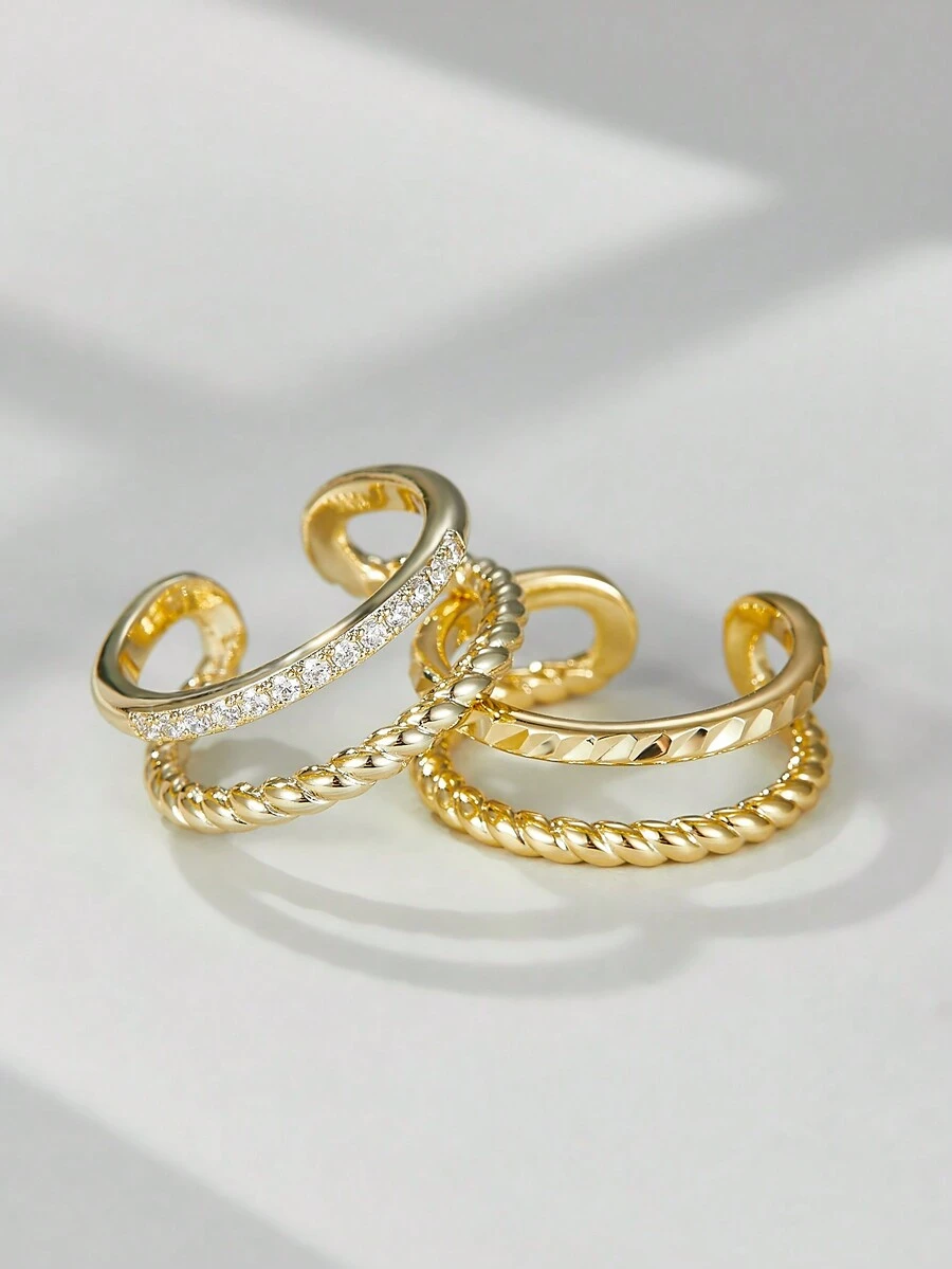 H Z JEWERLY 1枚時尚閃鑽裝飾的銅電鍍14k金開口戒指,適合女性和男性日常佩戴,情侶戒指,夏日派對,送給家人和朋友的禮物 - 金黃色 - 查看 1