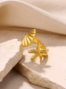 1pc Fashionable Oil Pressure Style Gold-Plated Stainless Steel Starfish & Seashell Design Adjustable Ring, Suitable For Daily Wear And Beach Jewelry Gifts For Women