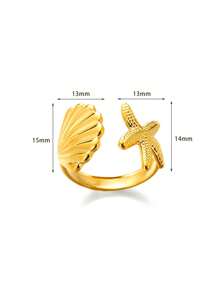 1pc Fashionable Oil Pressure Style Gold-Plated Stainless Steel Starfish & Seashell Design Adjustable Ring, Suitable For Daily Wear And Beach Jewelry Gifts For Women