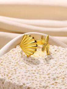 1pc Fashionable Oil Pressure Style Gold-Plated Stainless Steel Starfish & Seashell Design Adjustable Ring, Suitable For Daily Wear And Beach Jewelry Gifts For Women