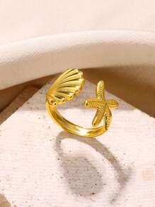 1pc Fashionable Oil Pressure Style Gold-Plated Stainless Steel Starfish & Seashell Design Adjustable Ring, Suitable For Daily Wear And Beach Jewelry Gifts For Women