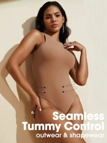 1件女士無縫無袖造型衣,有收腹控制功能的緊身連褲裝 - 杏色 - 查看 2