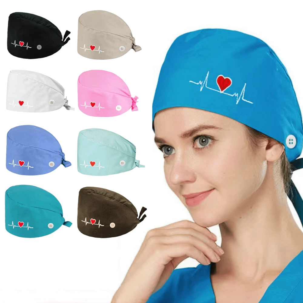 1pc 女士高档刺绣心形图案工作帽、护士帽。抗菌、防尘，适用于医院手术、护理、美容等医疗机构或家政保洁工作者。情人节 - 彩色 - 查看 1