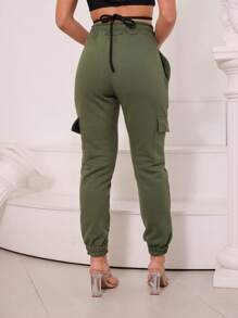 calça cargo feminina moletom moda casual - Verde Militar - Visão 2