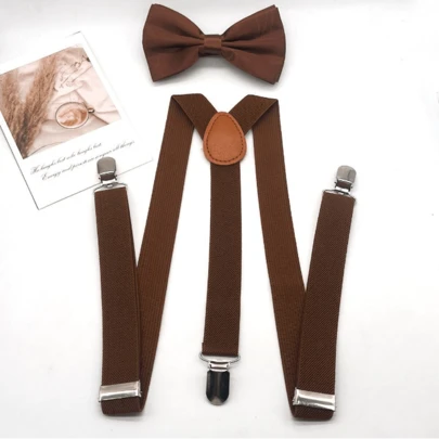 1 Set Men's Coffee Brown Casual Bowtie Suspenders Set, Including Suspenders And Trouser Clips For Halloween