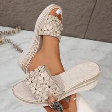 2024 年夏季新款女士时尚亚麻厚底坡跟拖鞋，韩版风格，舒适小碎花细节 - 白色 - 查看 2