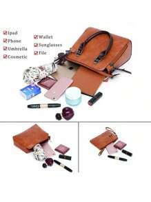 Bolsa Totes para Mujer 4 Piezas, Bolsa Mujer Mano Compras Casual Bolso Hombro Bolso Cruzado con Bandolera Ajustable,Gran Capacidad,Cartera para Trabajo,Cita,Viaje,Fiesta - Marrón - Ver 4