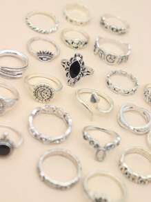 21pcs/Set Personalized Vintage Joint Ring Set With Sun, Moon, Snake, Pentagram, Eye, Elephant, Tree Leaf Decoration, Gift For Women's Party - Antique Silver - View 5