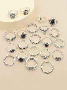 21pcs/Set Personalized Vintage Joint Ring Set With Sun, Moon, Snake, Pentagram, Eye, Elephant, Tree Leaf Decoration, Gift For Women's Party - Antique Silver - View 3