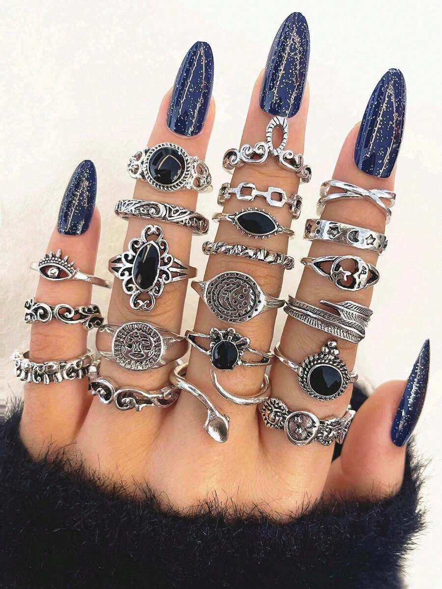 21pcs/Set Personalized Vintage Joint Ring Set With Sun, Moon, Snake, Pentagram, Eye, Elephant, Tree Leaf Decoration, Gift For Women's Party - Antique Silver - View 1