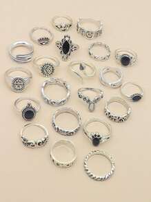 21pcs/Set Personalized Vintage Joint Ring Set With Sun, Moon, Snake, Pentagram, Eye, Elephant, Tree Leaf Decoration, Gift For Women's Party - Antique Silver - View 4