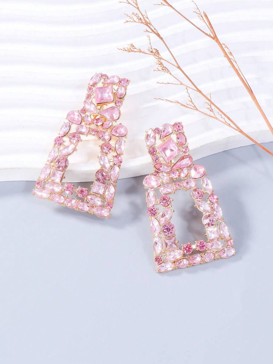 juran 1pair Geometric Rhinestone Stud Earrings - Baby Pink - View 1