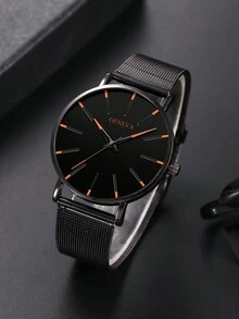1 Miếng Thời trang Tròn Quay số Dây đeo lưới Đồng hồ thạch anh & 1 Miếng Vòng tay , Sự lựa chọn Đối với Món quà - màu đen - Xem 2