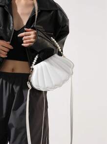 贝壳形斜挎包，时尚迷你单肩包，女士仿珍珠链手提包，优雅的贝壳钱包，非常适合派对、婚礼、晚宴和宴会，搭配婚纱、正式服装、舞会礼服、生日服装 - 白色 - 查看 3