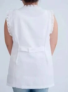 Jaleco Avental Cavado Sem Manga Cinturado Com Bordado Inglês Renda Lese Branco - Branco - Visão 2