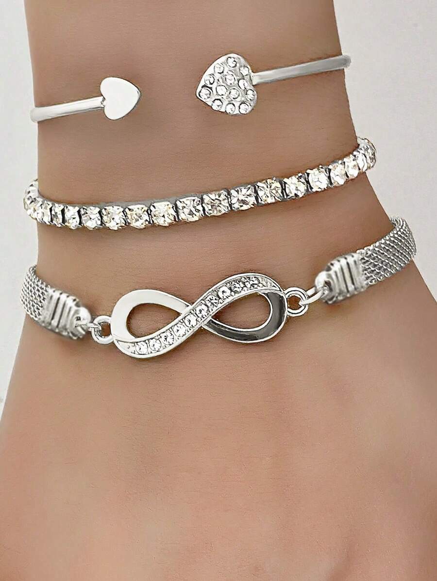 3pcs Metal Women's Letter Bracelet Set - Silver - View 1