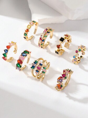 Hihho 1枚可调节彩虹系列戒指，镶嵌个性化高端彩色立方氧化锆，多种款式可供女性自由选择。