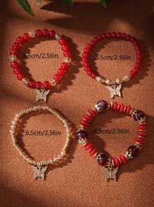 4pcs/Set Multi-Layer Butterfly Pendant Gem & Beaded Bracelet - Red - View 3