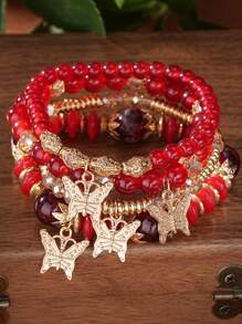 4pcs/Set Multi-Layer Butterfly Pendant Gem & Beaded Bracelet - Red - View 1