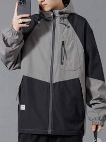 男士寬鬆版式彩色拼接軟殼夾克,適用於春秋戶外活動 - 灰色 - 查看 1