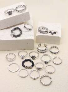 20入/套個性化復古蝙蝠、蝴蝶、骷髏、花卉、心形、鏈條、天然石材、手工編織可調整戒指套裝,適用於女性,派對禮物 - 復古銀色 - 查看 3