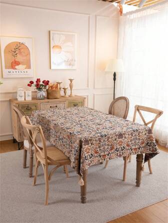 1pc Floral & Bird Printed Tablecloth, Classical Rectangle Texture Table Cover For Dining Room, Living Room, Coffee Table Use