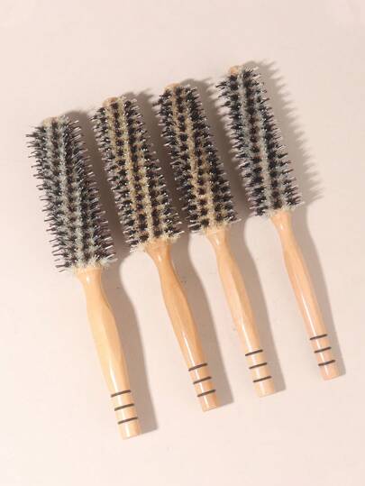 四件套圆形卷发梳，采用天然榉木手柄和柔软尼龙刷毛，适合所有发质，天然温和的梳子，返校季、旅行度假必备，女士适用，梳子，解结梳，梳子，后梳，发梳，边缘梳，解结梳，梳子，理发师，美发工具，发型，美发，梳子，梳子套装，梳子，卷发梳，解结梳，女士梳子，理发师配件，理发店，美发工具