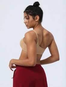 Sodalemon Áo ngực thể thao Yoga Fitness dành cho nữ có đệm ngực, thiết kế làm đẹp lưng và một bên vai để tập thể dục và chạy bộ - màu nâu - Xem 5