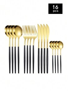 4件/16件/24件/32件不锈钢餐具套装，刀叉勺套装，适用于家庭厨房、餐厅、酒店厨具套装、学校用品 - 金+黑 - 查看 14