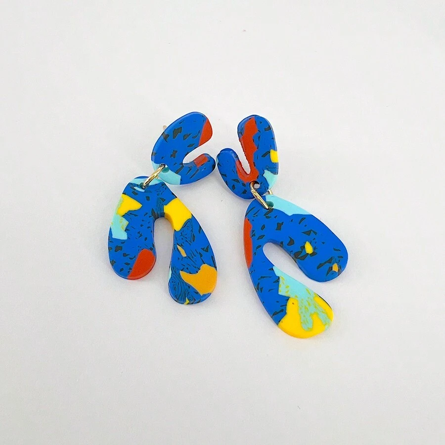 Polymer Clay Geometric Dangle Post Earrings - 藍色 - 查看 1