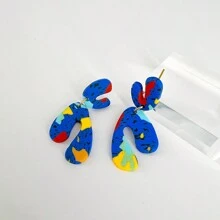 Polymer Clay Geometric Dangle Post Earrings - 藍色 - 查看 3