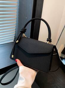 New Vintage Weave Texture Handheld Square Bag For Women, Can Be Used As Shoulder Or Crossbody Bag - Black - View 2