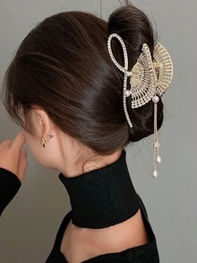 1入優質合金手工鑲嵌扇形流蘇金屬夾，鑲滿閃石，優雅的下吊吊飾髮夾，女士後腦勺珍珠抓夾，女式頭飾頭髮圈後腦勺抓夾，頭部碟形髮夾，髮夾後腦勺抓妝飾品 - 彩色 - 查看 5