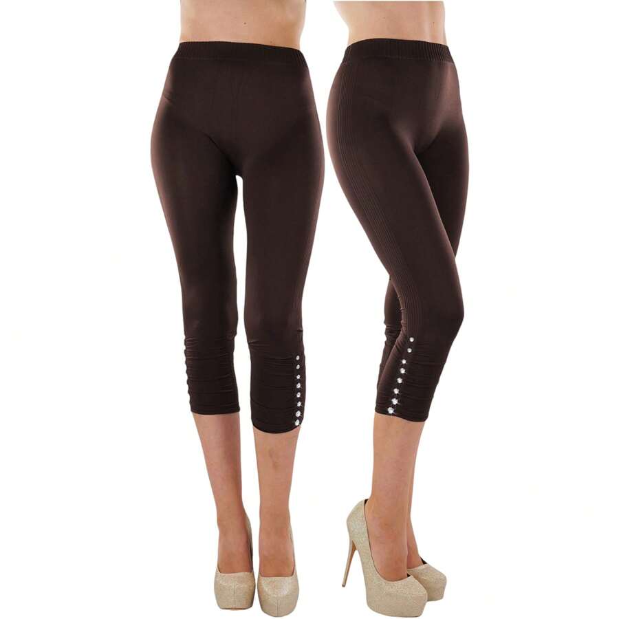 ToBeInStyle Women's Colorful Elastic Full Length Leggings - Rhinestone Ruched - Brown - View 1