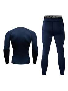 2pcs Boyfriend Style Men's Long Sleeve Top And Pants Quick-Drying Workout Fitness Running Set - Navy Blue - View 2