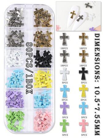 80片/盒 欧美风马卡龙复古十字架美甲合金镶钻Y2K金属风格美甲装饰假指甲十字贴片立体十字架美甲装饰盒套装