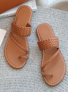 1 Pair Solid Color Woven Slip-On Sandals For Teens And Plus Size, Comfortable Light TPR Round Toe Non-Slip Flat Peep Toe For Outdoor, Daily Wear, Home, Suitable For Students, Unisex - Brown - View 2