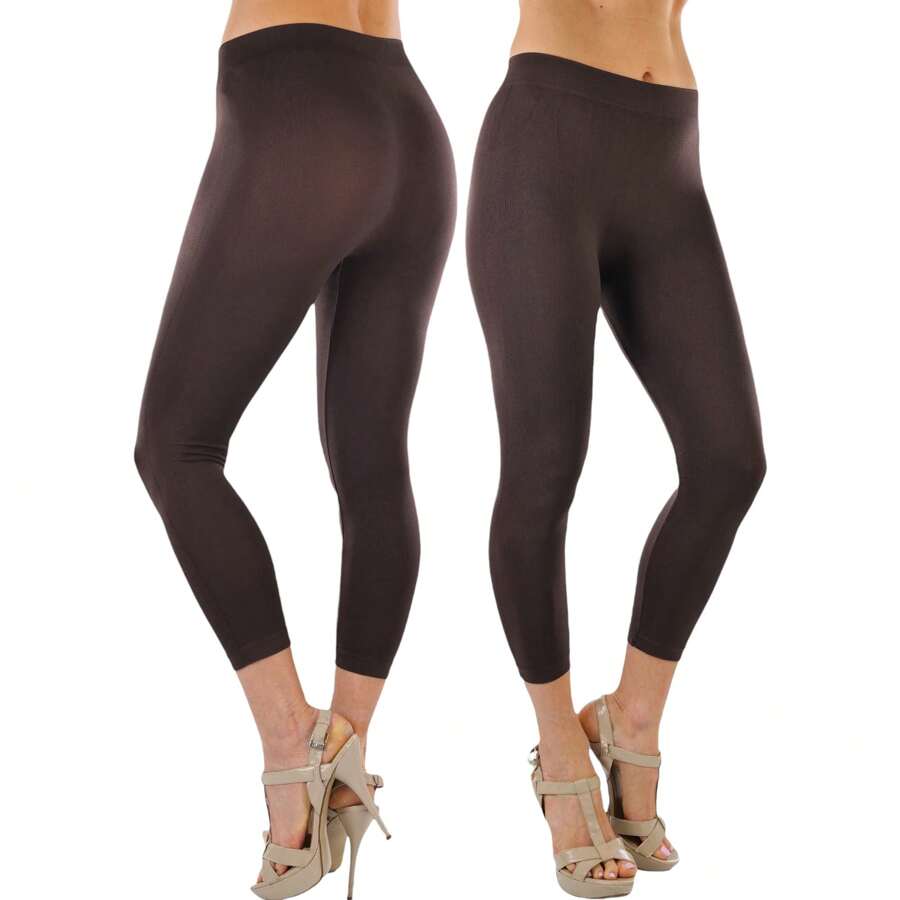 ToBeInStyle Women's Colorful Elastic Capri Length Leggings - 無縫-棕色 - 查看 1
