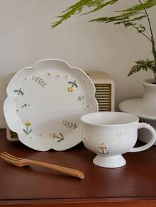 1pc花卉浮雕雏菊陶瓷盘/1pc雏菊形勺，法式清新雏菊甜品盘，优雅餐具，高审美西餐盘，沙拉盘，雏菊餐盘和汤勺，适合餐厅居家生活 - 白色 - 查看 6