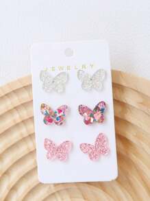 1 Ensemble De 3 Paires De Boucles D'oreilles Étincelantes En Acrylique Papillon, Bijoux Simples Et Élégants - Multicolore - Voir 3