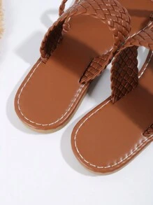 1 Pair Solid Color Woven Slip-On Sandals For Teens And Plus Size, Comfortable Light TPR Round Toe Non-Slip Flat Peep Toe For Outdoor, Daily Wear, Home, Suitable For Students, Unisex - Brown - View 5