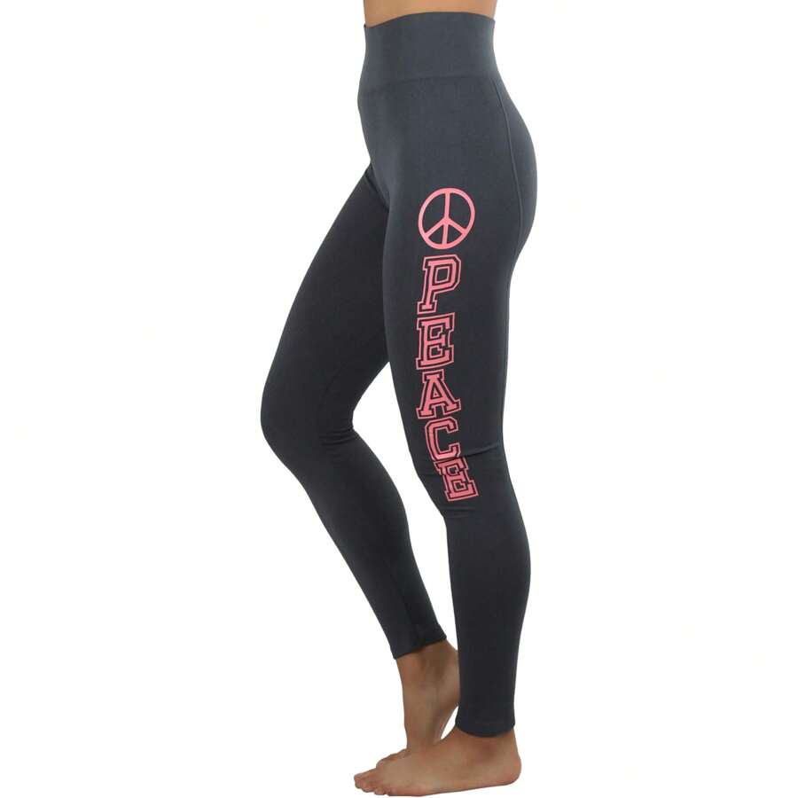 ToBeInStyle Women's Colorful Elastic Full Length Leggings - Peace Print - Grey - View 1