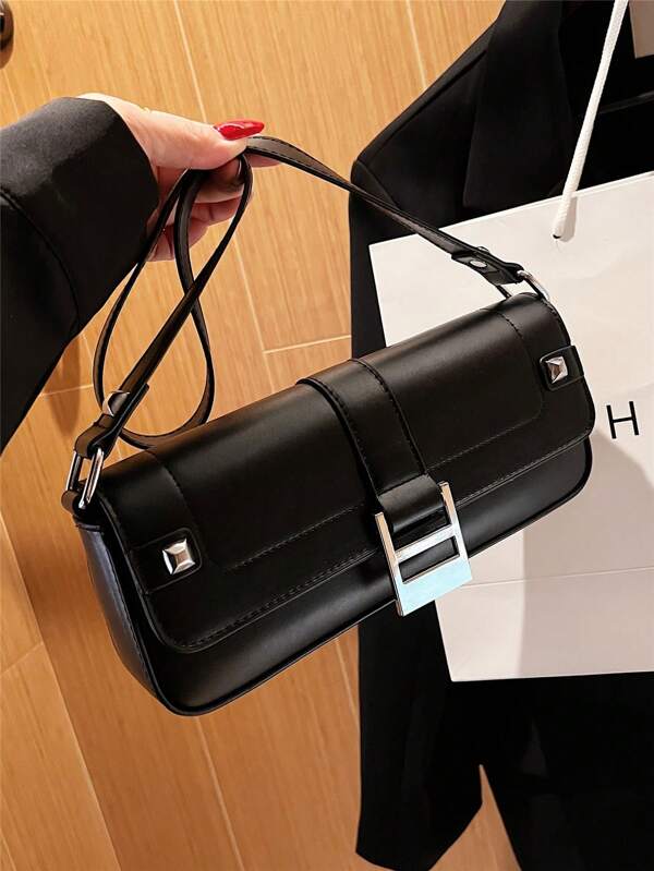 Bolsa de Ombro Retrô para Mulher com Rebites e Estilo Baguete, Bolsa de Trabalho de Escritório da Moda