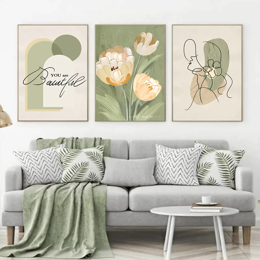 YIKES 3pcs/Set Nordic Abstract Figures Printed Hand-Painted Canvas Oil Painting, Modern Style Home Decoration Wall Art, Frameless - Color - View 1