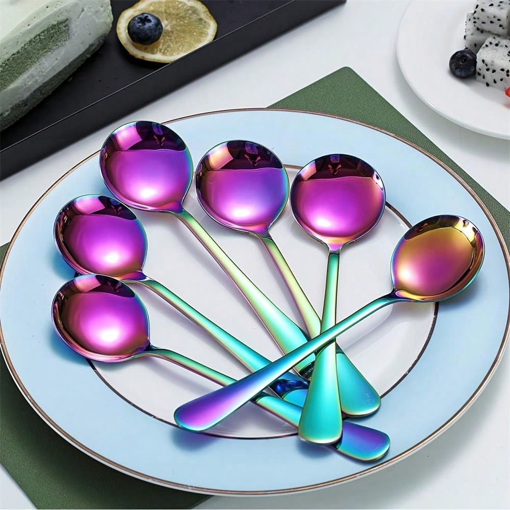 6PCS Rainbow Soup Spoon, Round Spoon, Cereal Spoon, Dinner Spoon