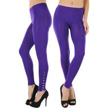 ToBeInStyle Women's Colorful Elastic Full Length Leggings - Rhinestone Ruched - Purple - View 1