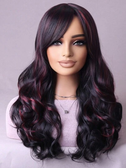 Black And Red Fringe Gradient Hair European And American Wig Female Long Curly Wavy Synthetic Wig For Daily Party Use