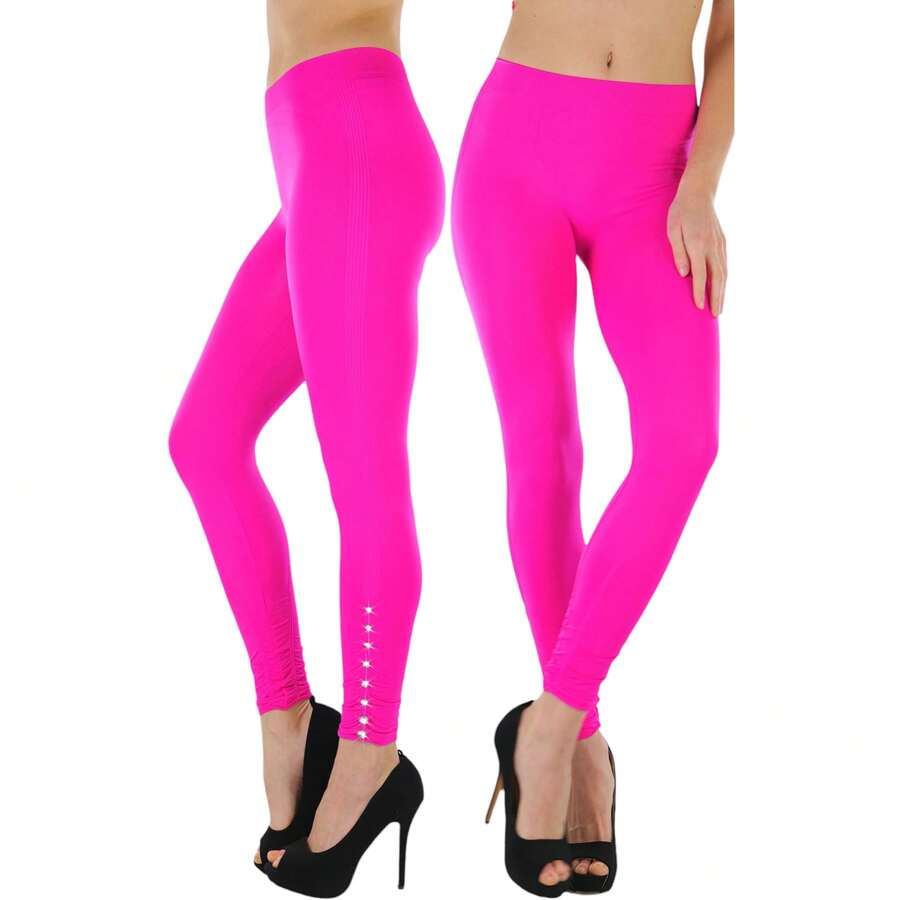 ToBeInStyle Women's Colorful Elastic Full Length Leggings - Rhinestone Ruched - Pink - View 1