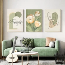 YIKES 3pcs/Set Nordic Abstract Figures Printed Hand-Painted Canvas Oil Painting, Modern Style Home Decoration Wall Art, Frameless - Color - View 5